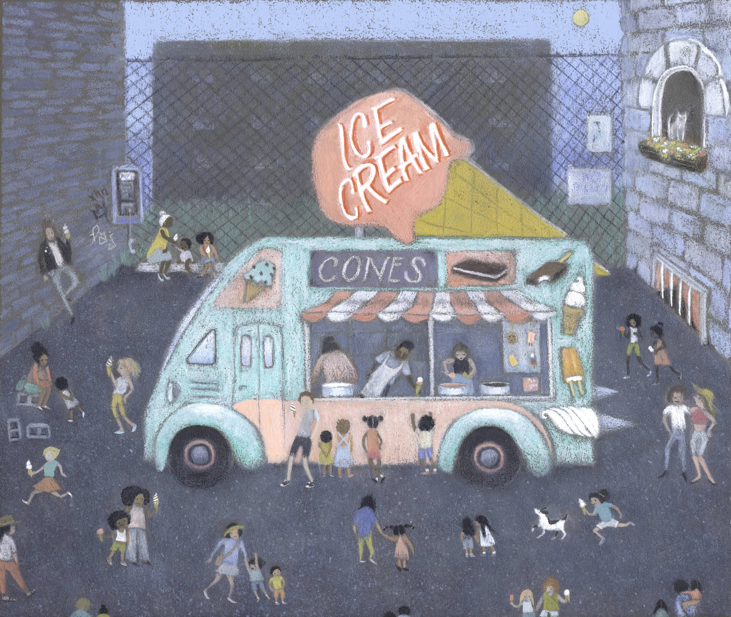 hand drawing of children at an ice cream truck